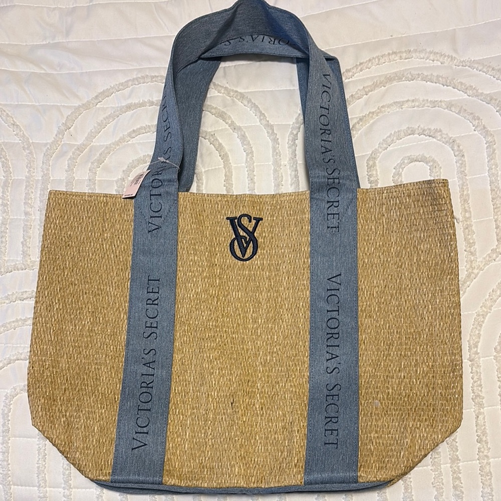 Victoria's Secret Tan and Blue Straw Tote